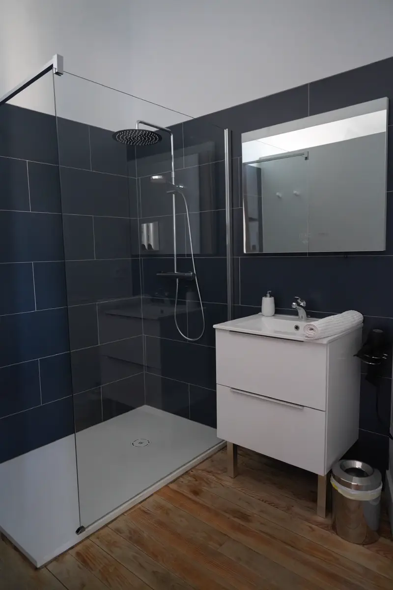 Salle de bain de l'appartement Apollon : grande douche à l'italienne et meuble vasque blanc